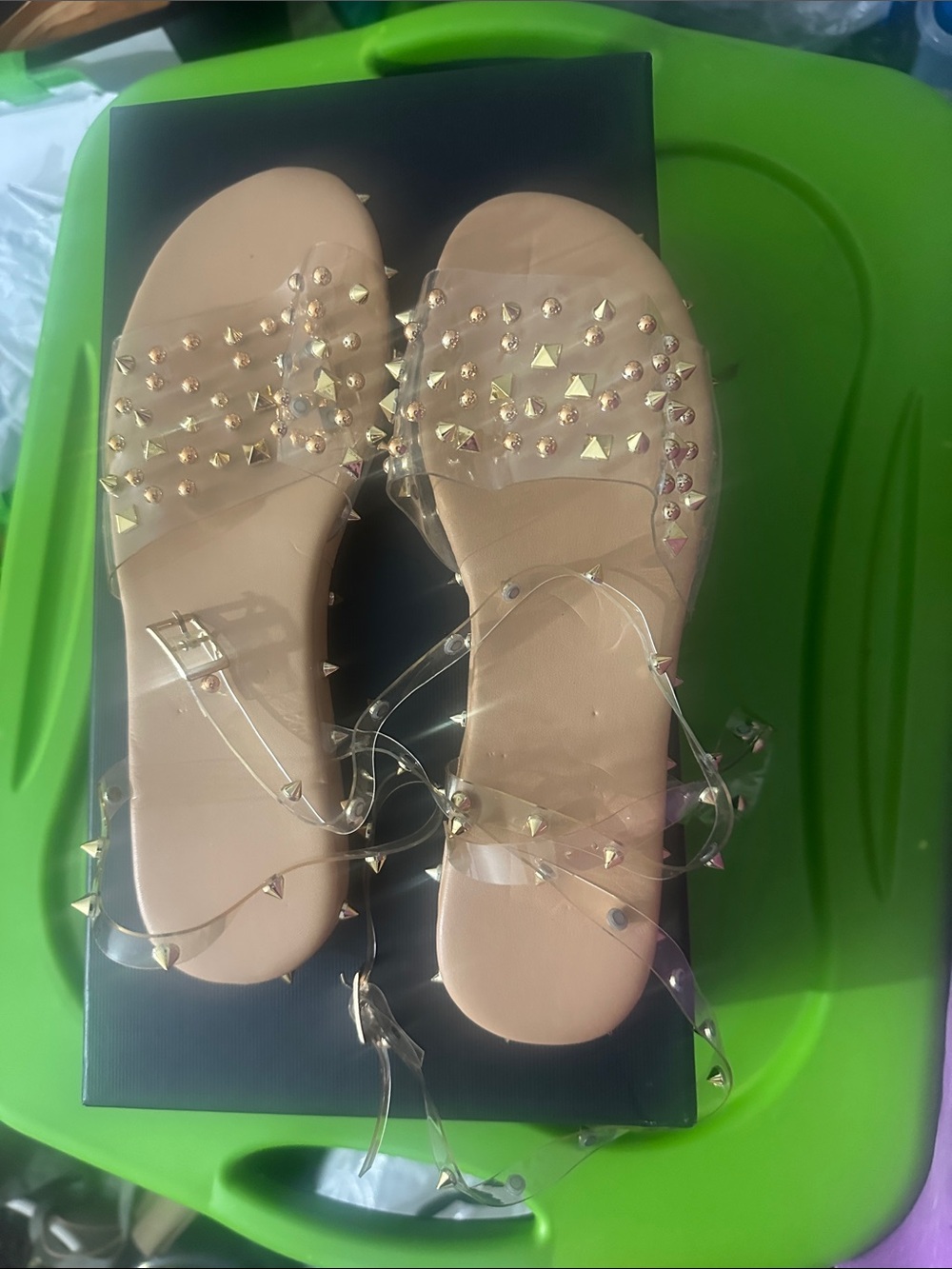 Clear Strap Nude Sandals with Gold Studs - Women